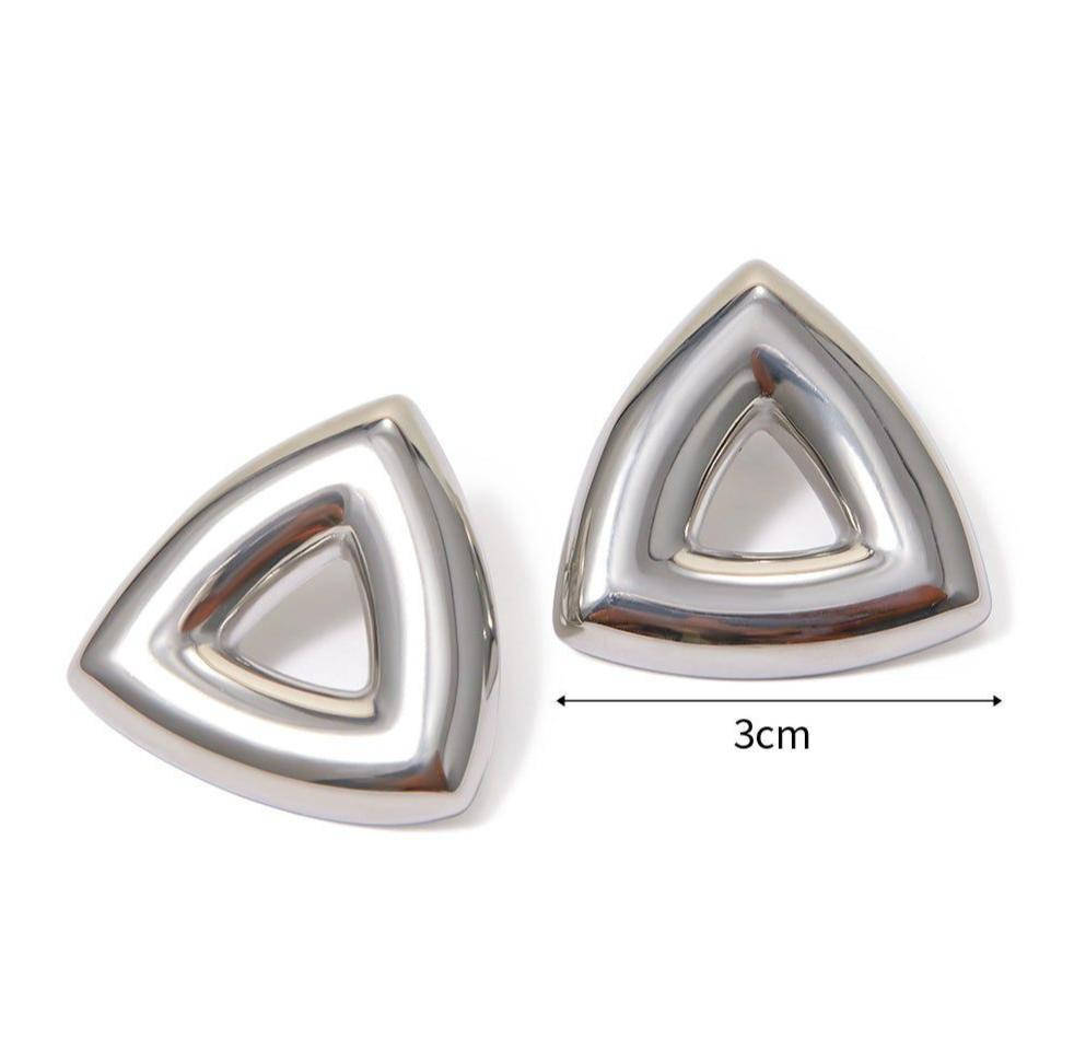 Silver triangle earrings.