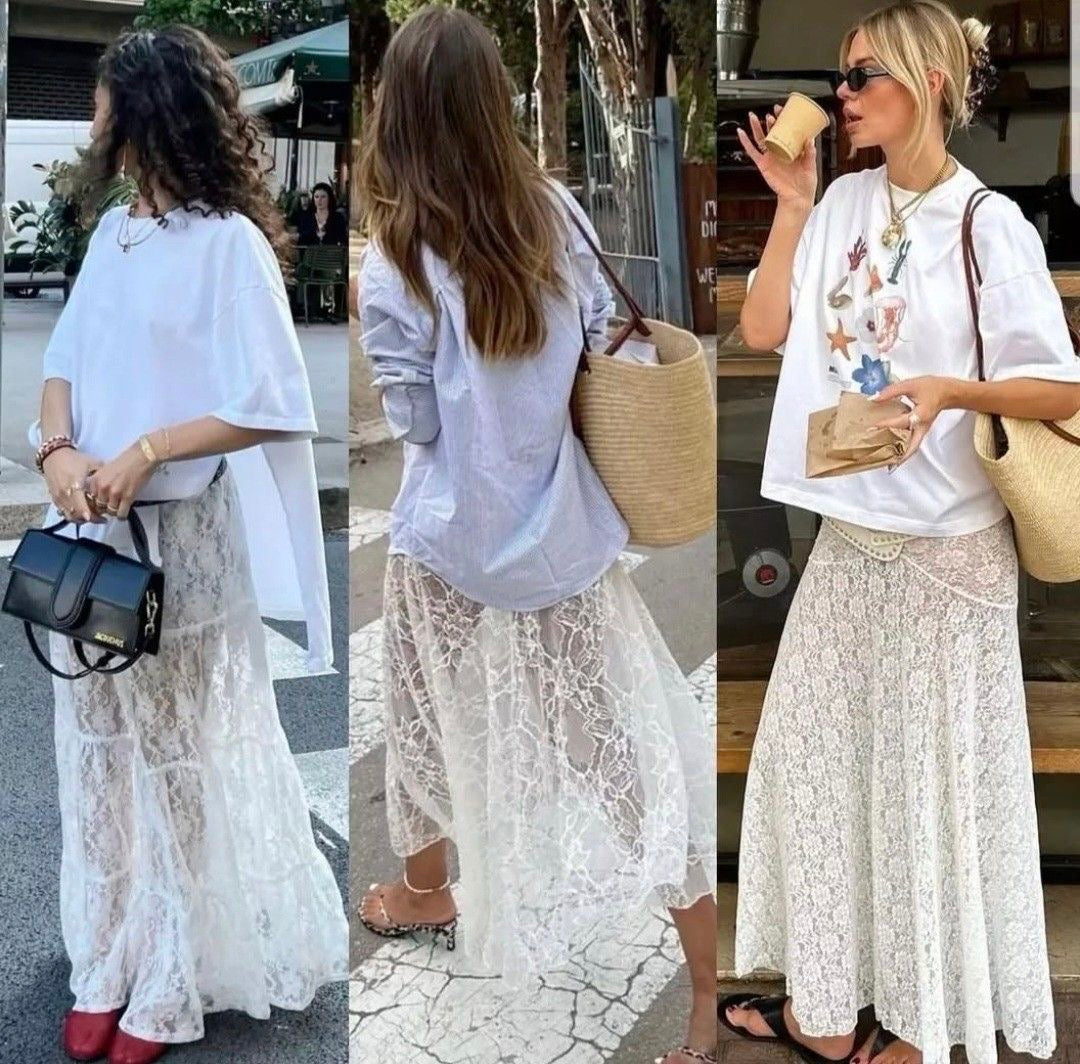 Falda larga de encaje blanca con forro.