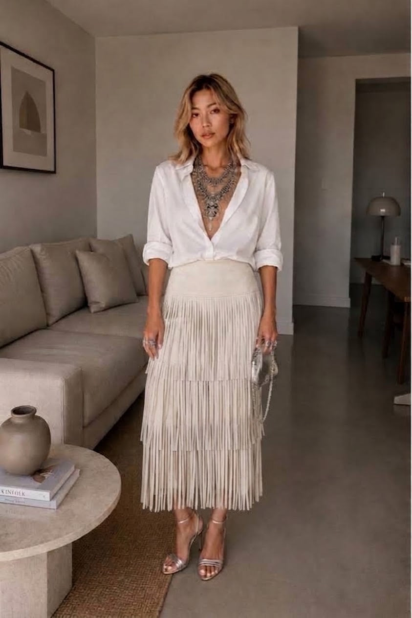 Falda beige de flecos boho chic