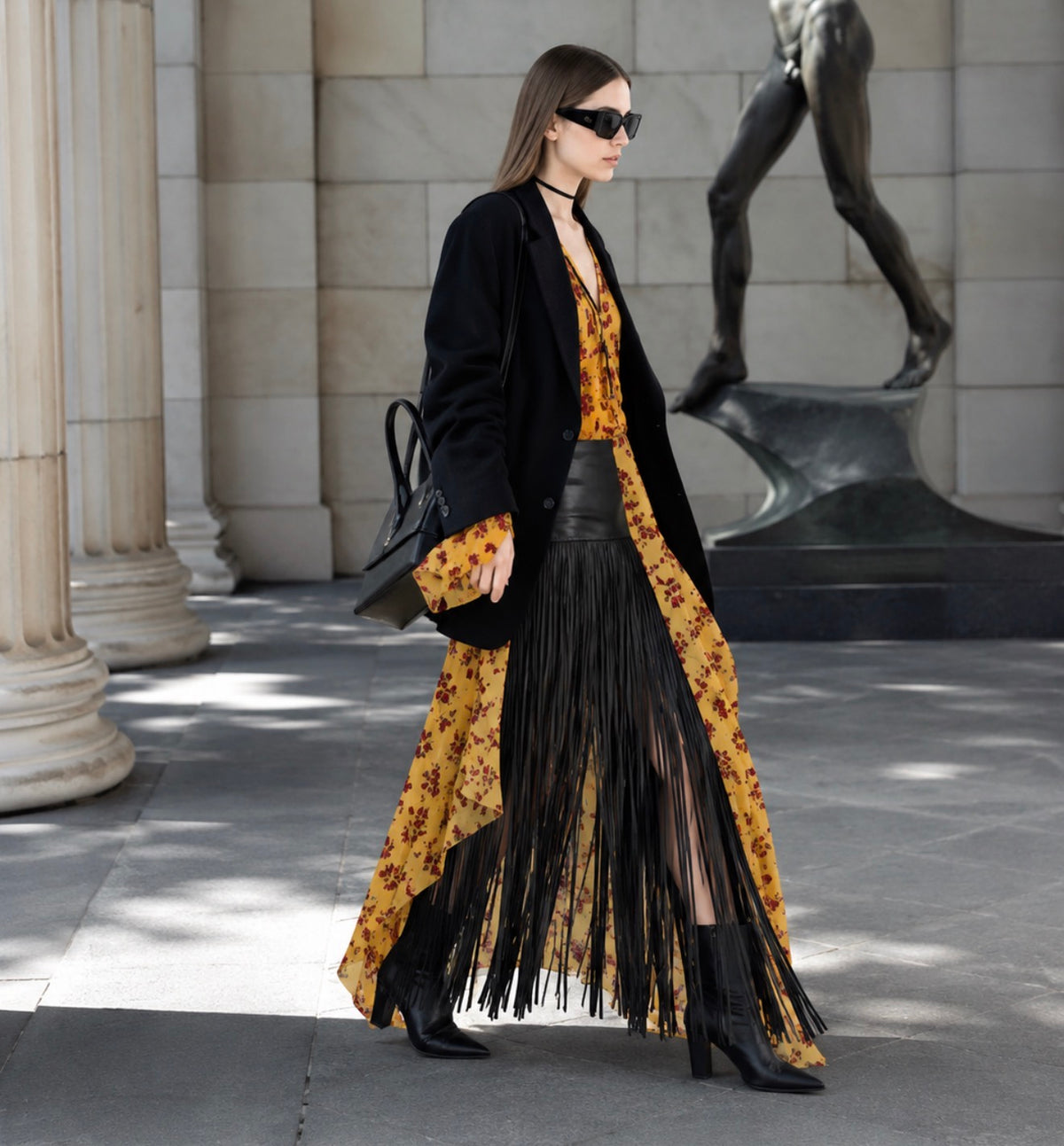 Falda PU negra de flecos boho chic