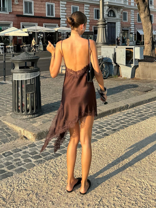 Vestido Marrón lencero asimétrico