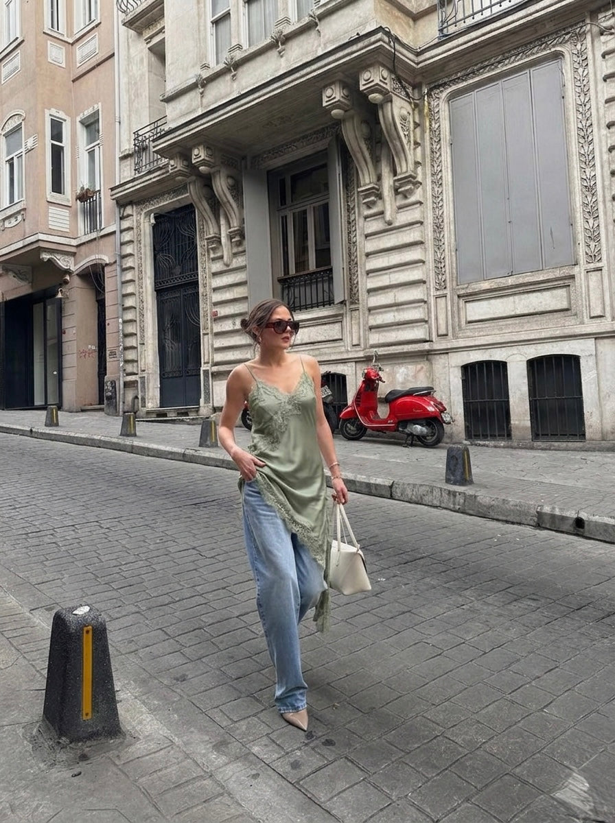 Vestido verde olivo  lencero asimétrico