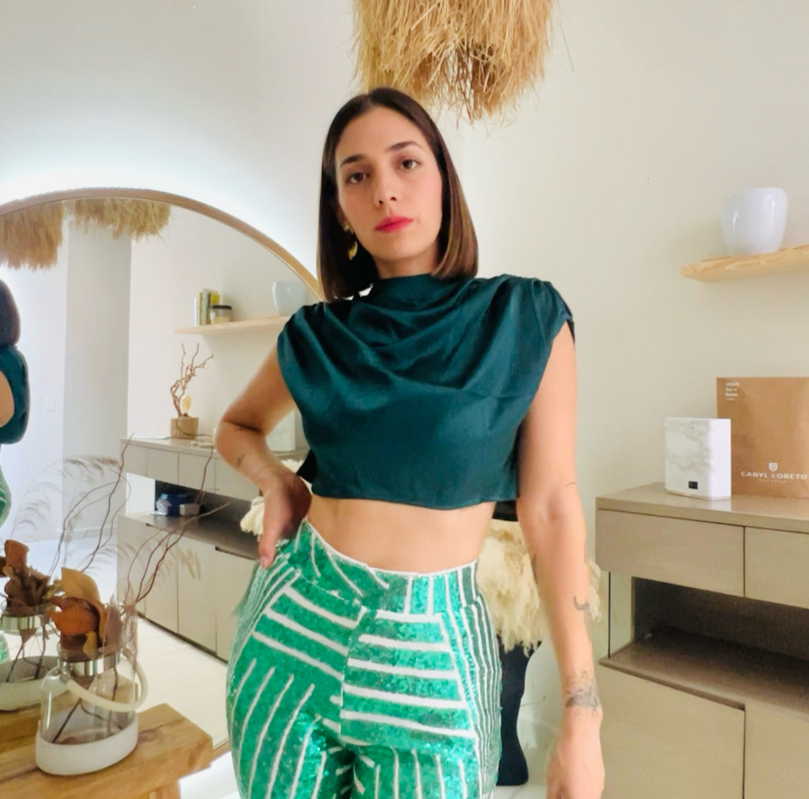 Green satin top