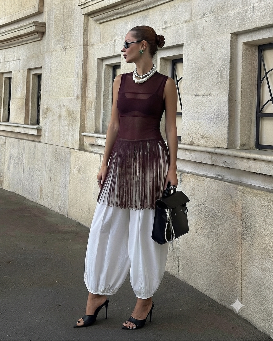 Top Cuello Perkins Transparente y flecos
