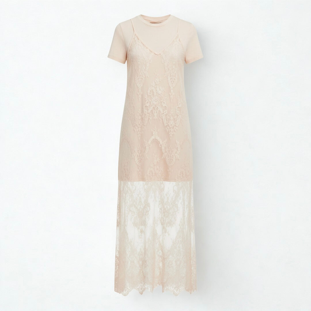 Vestido maxi de encaje y algodón.