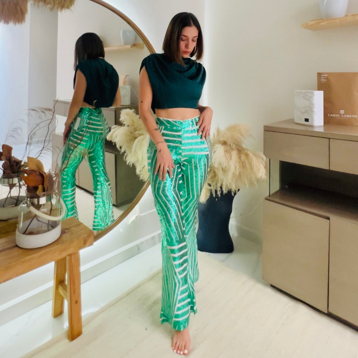 Green sequin pants